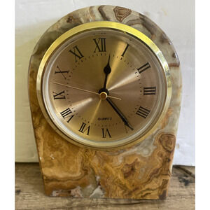 Table Clock /Mantel Genuine Brown White Onyx Marble Heavy 6" X 4" X 2" Inches